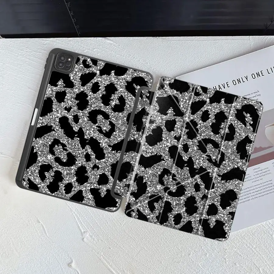 Hot Selling Silver Glitter Leopard Print Pattern Holder Cover Tablet Case For iPad Pro 11th 10th 9th 8th 7th 12.9inch Pro 2025
