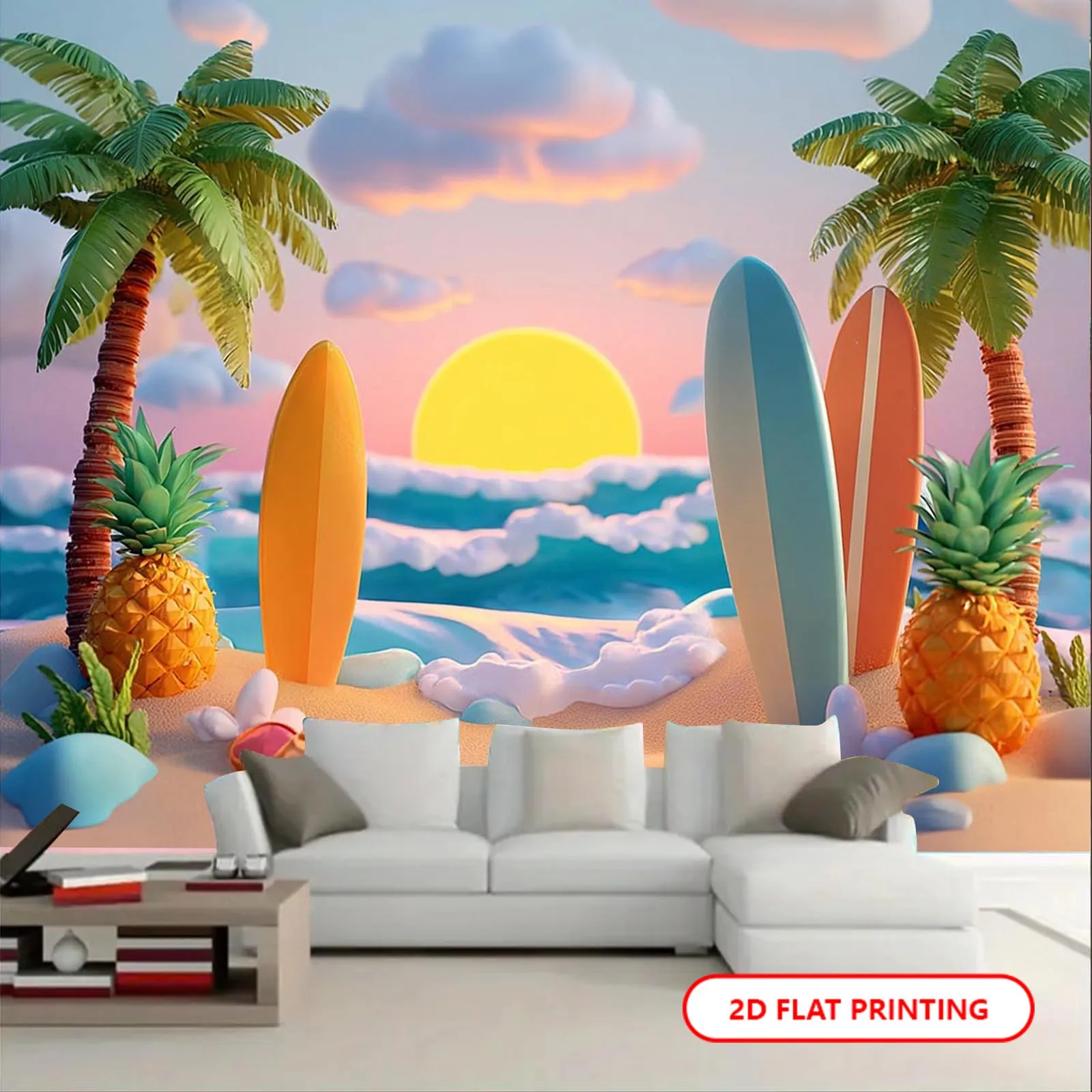 Banner de fondo plano 2D para fiesta en la playa tropical, 1 pieza, rosa pastel, naranja, azul, amarillo, verde, morado, palmera y tabla de surf