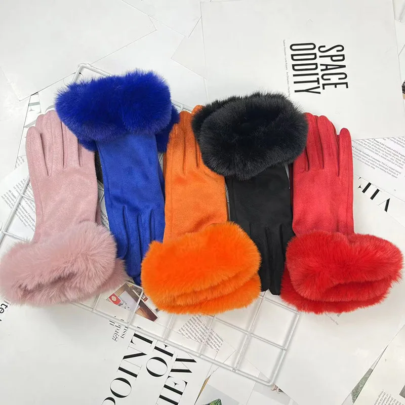 Candy Color Plus Velvet Thicken Women Keep Warm Gloves Fashion Elegant Plush Wrist Winter Cycling Drive Touch Screen Gloves