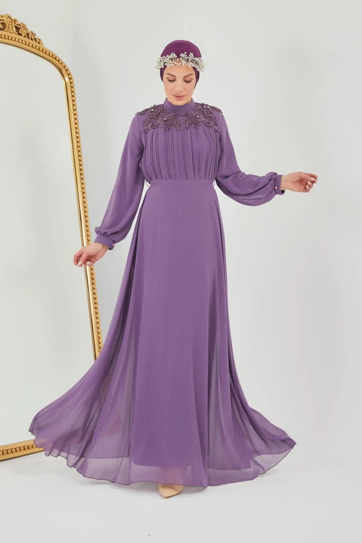 Muslim Fashion Islamic Clothing Evening Dress Women O-neck Long Sleeve Embroidery Print Long Dress