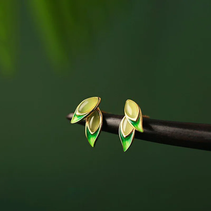 Falling Leaves Returning To The Root Imitating Hotan Jade Earrings Women's Small Fresh Forest Simple Elegant Versatile Earrings