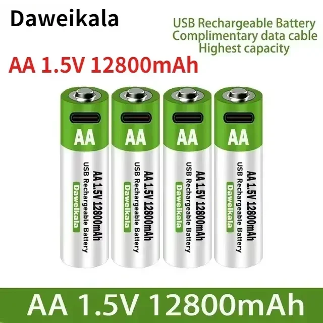 

2025 Новая USB-аккумуляторная батарея 1,5 В AA, литий-ионная батарея 12800 мАч для мыши с дистанционным управлением, электрическая игрушечная батарея + кабель Type-C