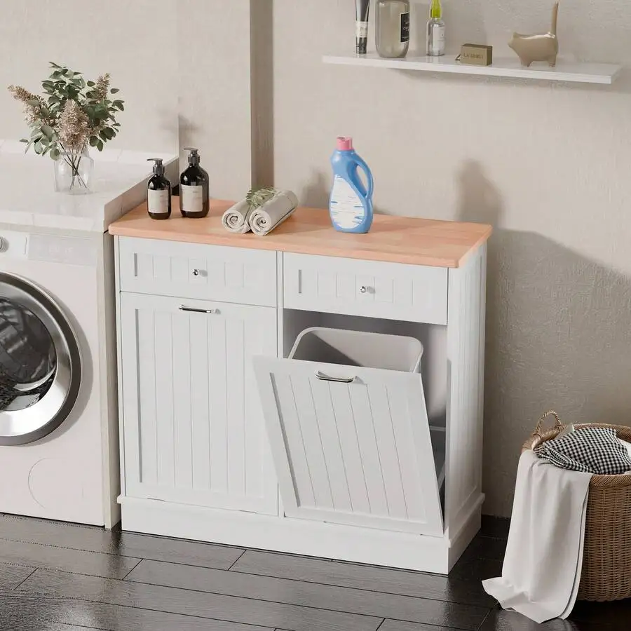 

Farmhouse Style Double Tilt Out Trash Cabinet With Barn Door Solid Wood Top Laundry Storage