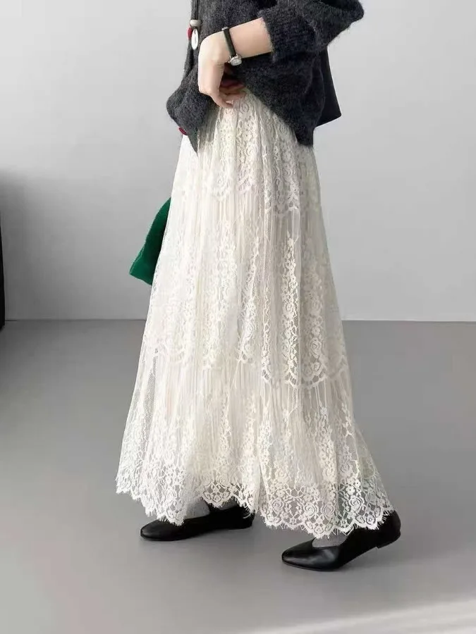 Cintura alta renda a linha midi saia feminina outono inverno dupla face usar me saia plissada francês sle solto ajuste casual