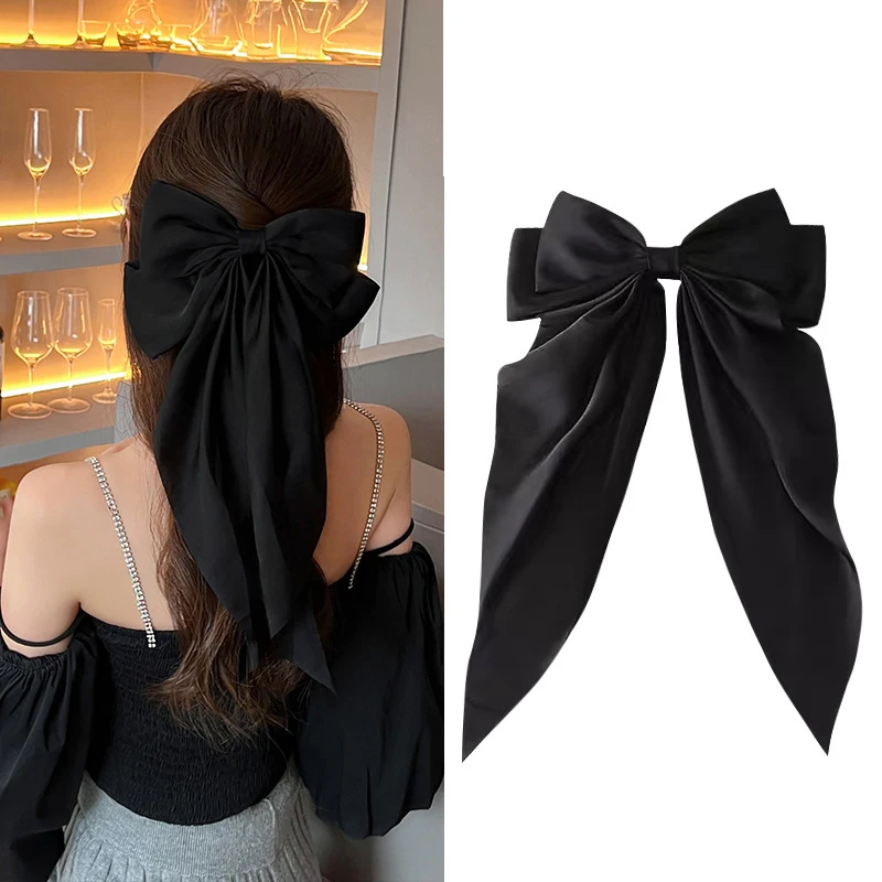 Elegant Bow Ribbon Hair Clip Fashion Simple Solid Satin Spring Clip Hair Pin Retro Headband with Clips Girls Hair Accessories