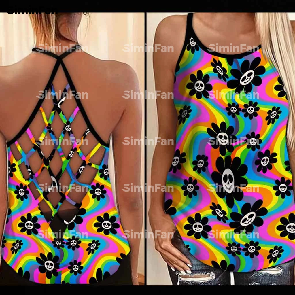 Imagem -02 - Colorido Hippie Girassol Tie-dye 3d Impresso Feminino Oco para Fora Camis Criss Cruz Tanque Superior Aberto para trás Colete Feminino Malha Recorte Camisa