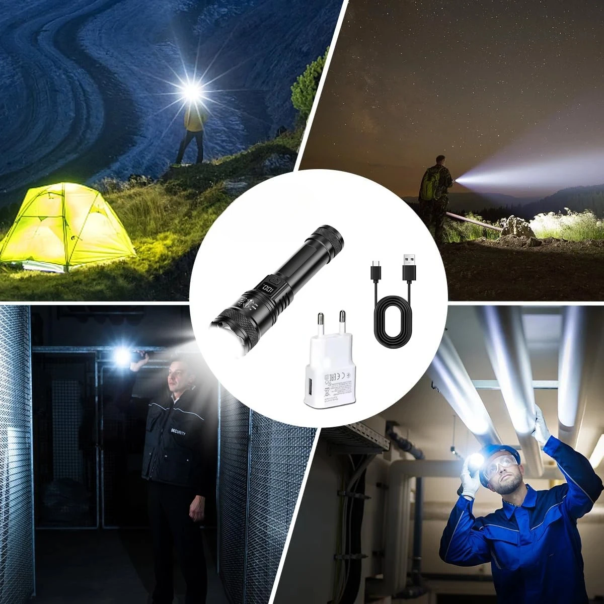 عالية قوة مصابيح كاشفة بلمبات Led 2000LM الشعلة التكتيكية مع عرض ضوء USB شحن التخييم الصيد فانوس التكبير في حالات الطوارئ