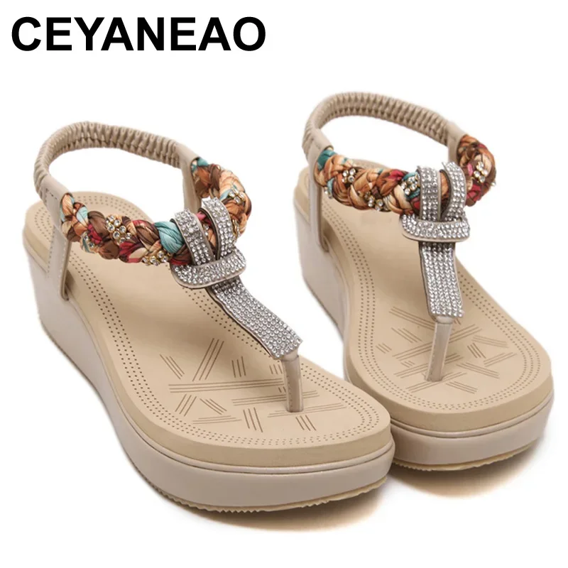 CEYANEAO Fashion Platform Sandals For Women Bohemia Beach Sandals Rhinestone T-Strap Women Sandals Shoes Woman Plus Size BZT704