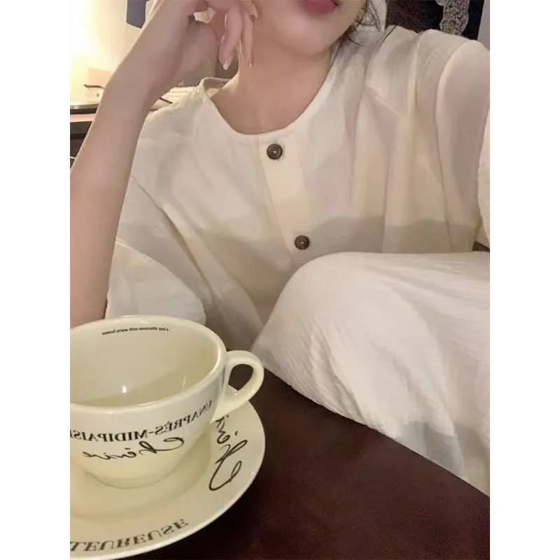 French Senior Sense of Solid Color Pajamas Female Spring and Autumn Network Red Simple Ins Girls Dormitory Casual Home Dress