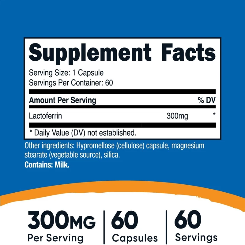 Lactoferrin Capsules (60 Capsules, 300mg) Gluten Free, Vegetarian, Non GMO Product -60 Servings