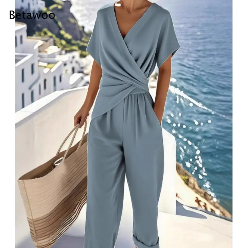 Wrap V Neck Short Sleeve Twisted Waist Cropped Capri Jumpsuit Side Pocket Rolled Cuff Ankle Pants Solid Two-Piece Set