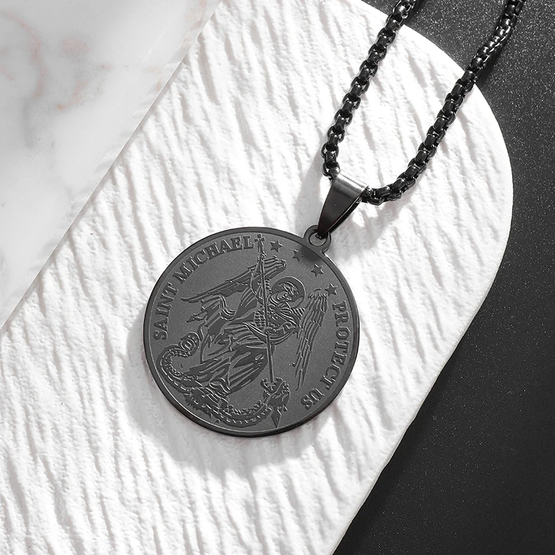 Retro Religious Style Stainless Steel Archangel Saint Michael Shield Pendant Necklace Orthodox Charm Men Women Amulet Gift