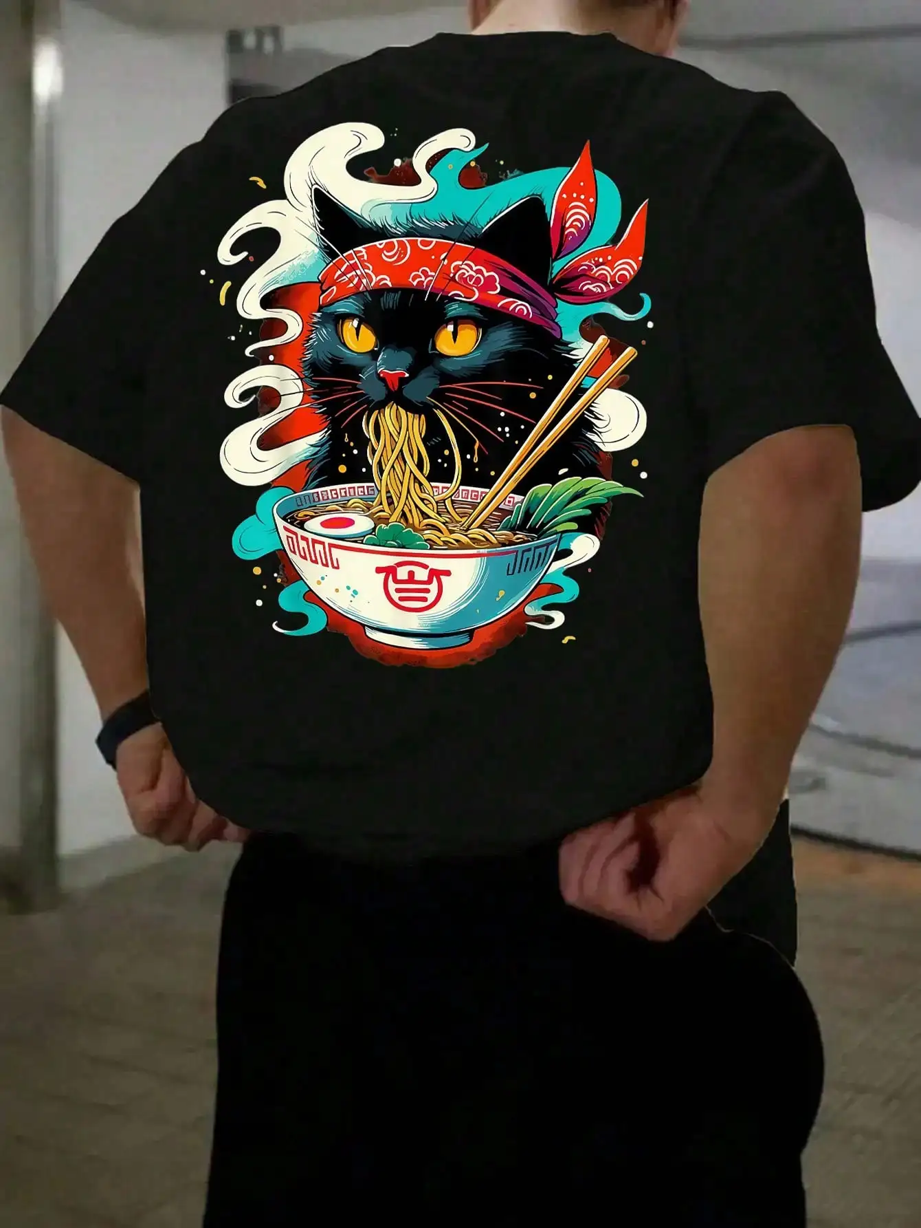 

Men's Black Loose Fit Graphic Tee with Cat & Noodle Bowl Print - Summer Casual Wear