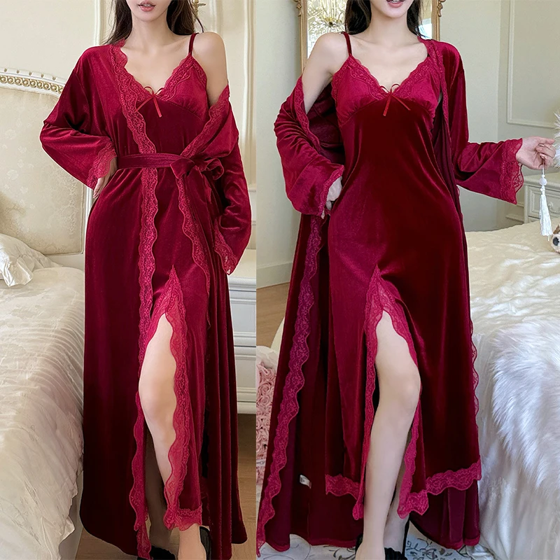 

Ночная рубашка с глубоким v-образным вырезом, комплект, теплая велюровая пижама, костюм из 2 предметов, домашняя одежда с кружевной отделкой, домашняя одежда, халат, кимоно, интимное белье