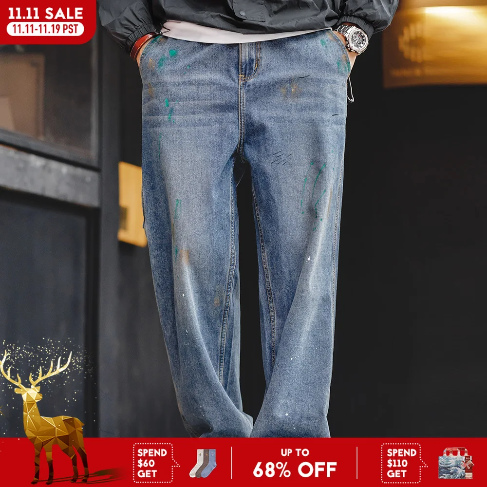 جينز Maden أزرق فاتح سبلاش-حبر جرافيتي للرجال 9.2 أونصة محكم سلوب مغسول مستقيم الساق تسجيل السراويل الخريف ملابس الشارع الشهير الجينز #1