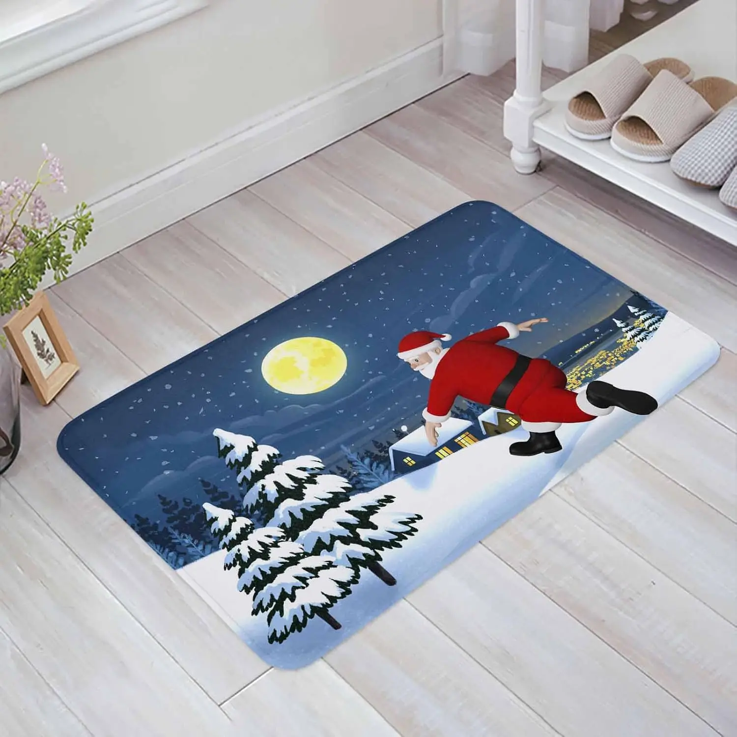 Christmas Santa Xmas Tree Blue Sky Moon Snowflake Door Mat Decor Anti-slip Front Door Rug Welcome Mat Christmas Decorations
