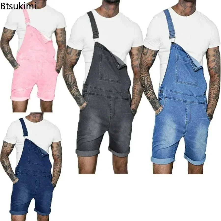 Macacão jeans de bolso múltiplo para homens, shorts com alça, macacão de peça única casual solto, streetwear tendência da moda, macacão de homem 2024