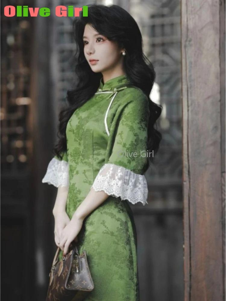 

Зеленое платье Qipao Cheongsam с кружевом, элегантное и милое улучшенное платье в китайском стиле, повседневная женская одежда