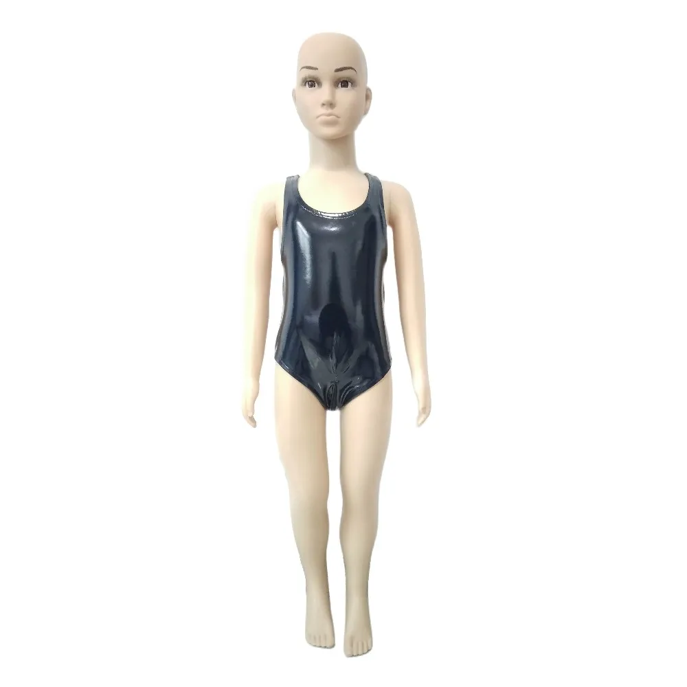 kids short Catsuit Body suit Zentai Costume PVC Leather One Piece Swimwear Swimsuit with Crotch zipper