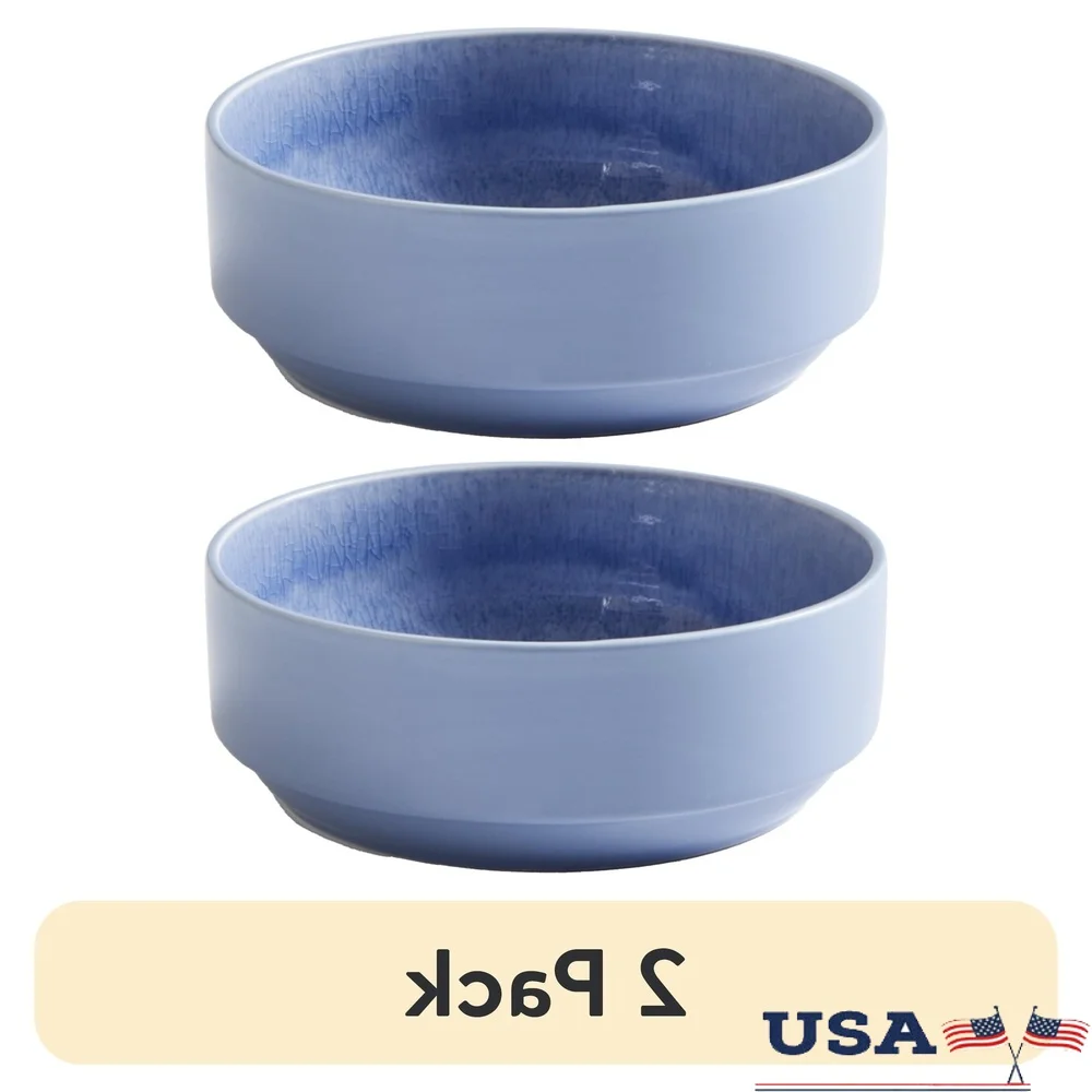 2 Pack Stackable Stoneware Cereal Bowls 6.25 Inch Glossy Blue Artisan Finish Unique Reactive Glaze Space Saving Design Hand Wash