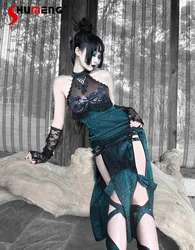 Original Dark Gothic Sexy Dress Women Harajuku Aesthetic Summer Heavy Industry Mesh Slit Neck Cheongsam Dress Print Tassels Top