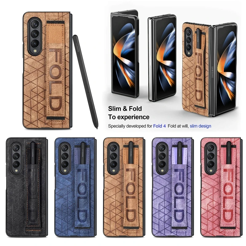 Wrist Strap Phone Case For Samsung Galaxy Z Fold 5 4 3 Phone Cover Shockproof Anti-Drop Back Cover With Pen Holder(Exclude Pen)