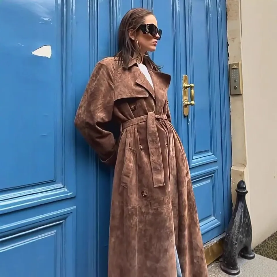 

Euro-American Style Coat Retro Fashion Elegant Solid Color Maxi Length Commuter Outerwear, Versatile Slim-Fit Belted Waistcoat