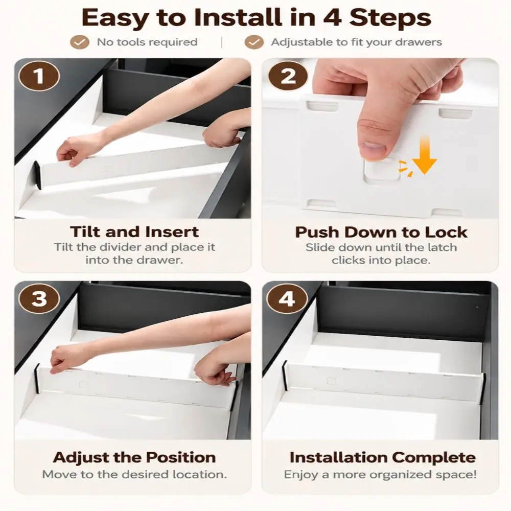 8pcs Plastic Adjustable Drawer Dividers Side Locking Buckle Drawer Organizer Storage Organizers Clothes