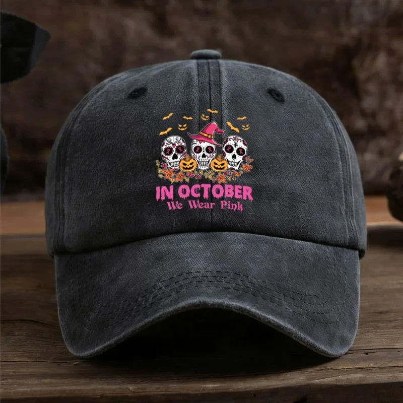 In October We Wear Pink Baseball Cap Retro Washed Dad Hat Halloween Sugar Skull Pumpkin Print Adjustable Sun Hat for Women Men
