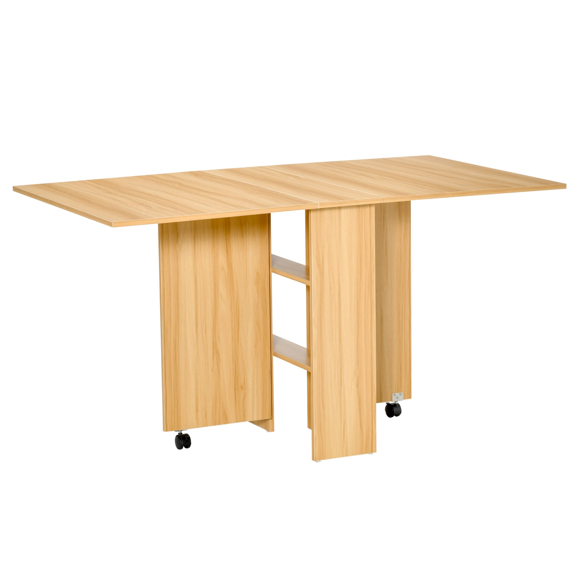 HOMCOM folding dining table with wheels multifunctional shelf for dining room side table 3 shapes space saving Wood