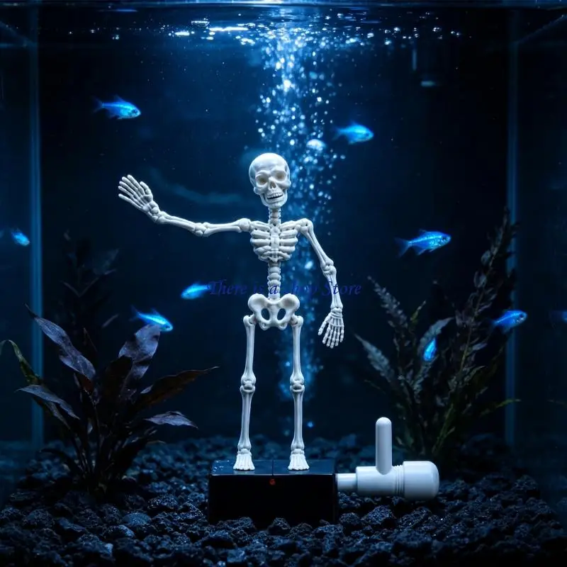 D0AD Halloween Aquariums Dynamic Skeleton Figurine for Fishtanks Decoration, Suction Cup Base with Side Air Connectors for