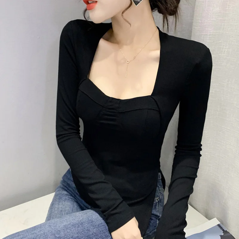 #7450 Black Gray Long Sleeve T Shirt Women Square Collar Split Joint Skinny T-shirt Female Sexy Irregular Short Tshirt Ladies