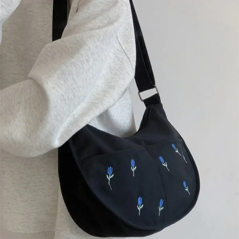 Xiuya Vintage Shoulder Bag for Women Fsahion Flower Embroidery Canvas Crossbody Bags Casual Versatile Japanese Designer Bag
