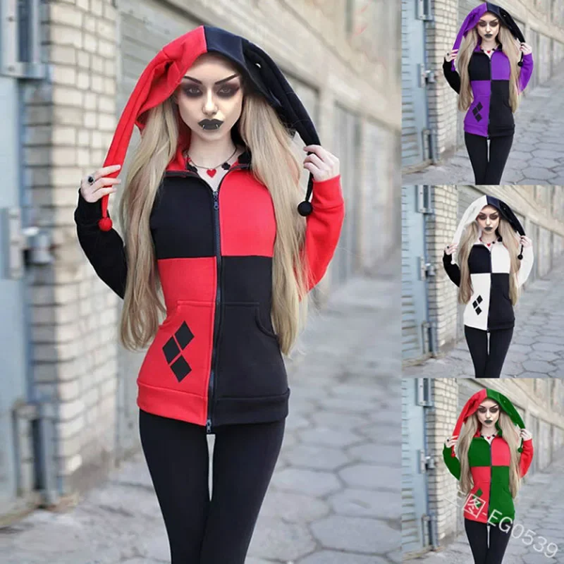 Costume de bouffon de clown arlequin pour femme, sweat à capuche effrayant, manteau pour femme, sweat-shirt noir, tenue de cosplay d'Halloween, sweat à capuche pour fille adulte