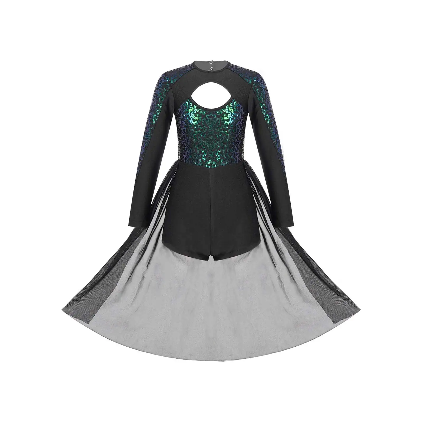 Kids Girls Ballet Dance Leotards Dress Shiny Sequins Long Sleeve Round Neck Hollow Front Back Mesh Lyrical Modern Dance Costumes