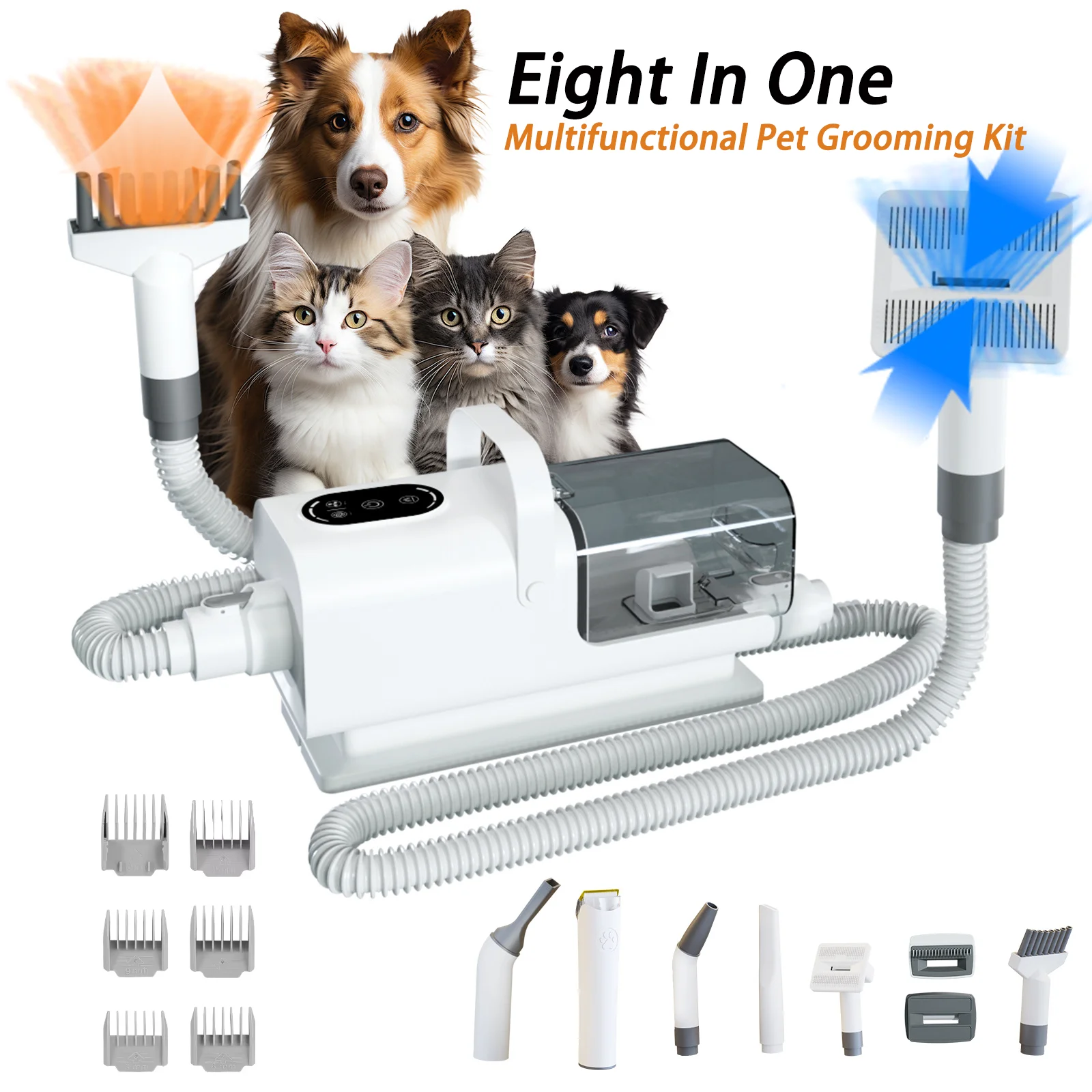 Kit de toilettage pour animaux de compagnie 8 en 1, aspirateur pour poils de chat/chien avec tasse de 2,2 l, sèche-cheveux pour animaux de compagnie, vitesse réglable, nettoyeur de poils d'animaux à