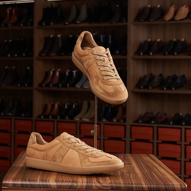 Brown Soft Bottom Genuine Leather Casual Shoes Patchwork Retro Sport Casual Sneakers Lace Up Cow Leather Luxury Men Trainers