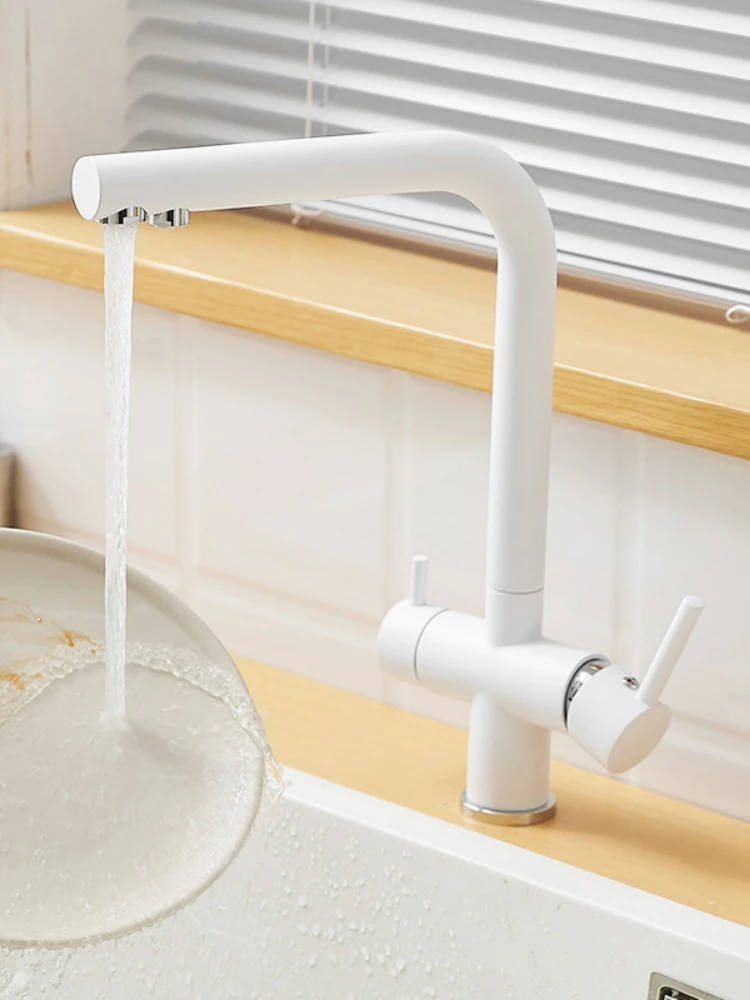 All-copper double-handle white kitchen three-in-one faucet household sink cold and hot water purifier sink.