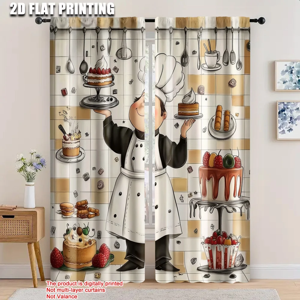 2pcs, spring summer Curtains Baker Pastries Kitchen Art Digital Print Drapes Versatile Polyester Fabric Decorations Outdoor for