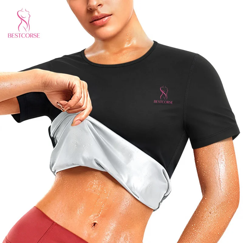 

Silver Heated sauna suit for weight loss Exercise Workout Clothes Women Sauna Shirt Sweat Tops Gym Outfit Sports Wear Fat Burner