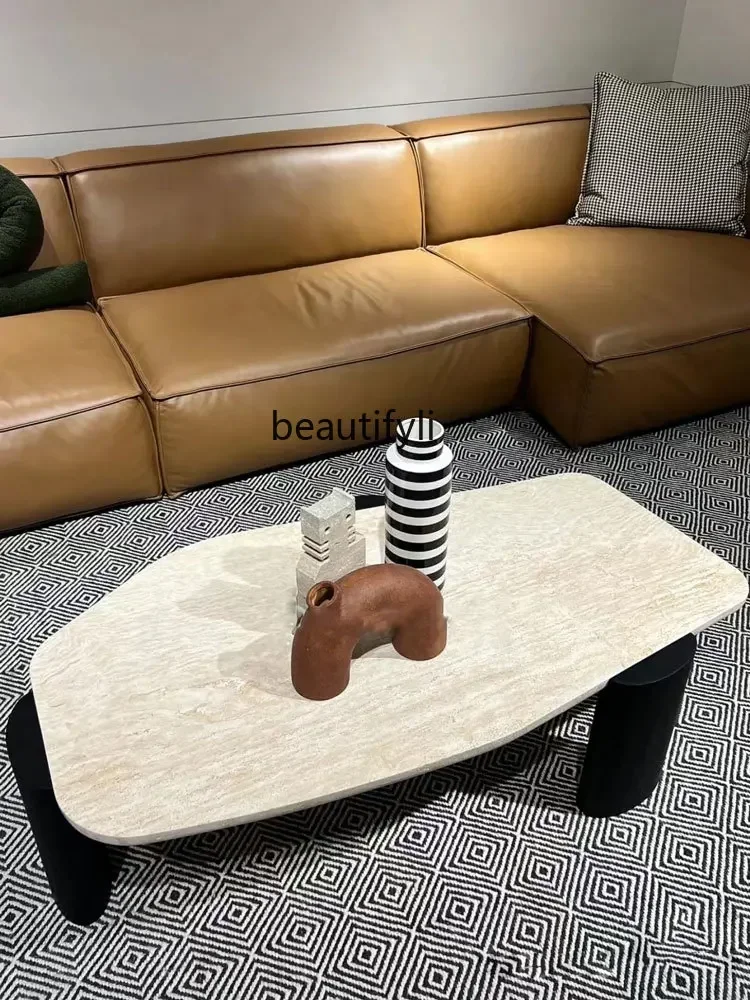 

Z. Nordic designer natural cave stone solid wood special-shaped black coffee table living room