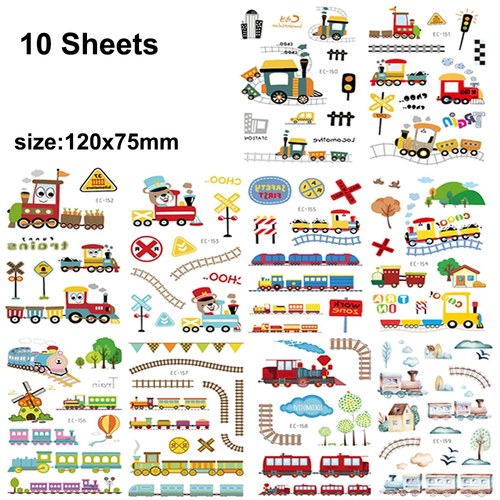 10Sheets Train Temporary Tattoos Kid Gift Classroom School Prizes Rewards Stickers Trains Transportation Theme Birthday Supplies