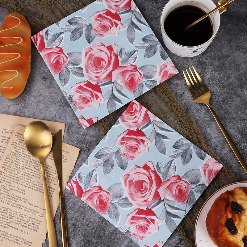 10/20pcs New Rose Colourful Napkins Printed Wine Glass Flower Paper Party Decorative Paper Placemats Butterfly Bone Bart Paper