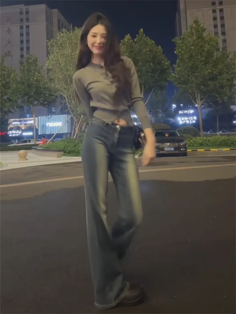 

Retro American Deep Blue Bell Bottom Jeans Women's Spring Autumn Slim Elastic Tall Extended Floor Length mid Low Waist Pants