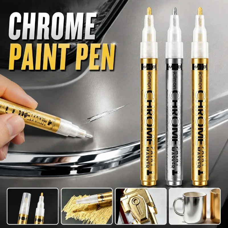Metallic Touch Up Paint Pen Chrome Plating Mirror Finish Double Head Marker for Car Scratch Repair, Waterproof Quick Dry Chrome