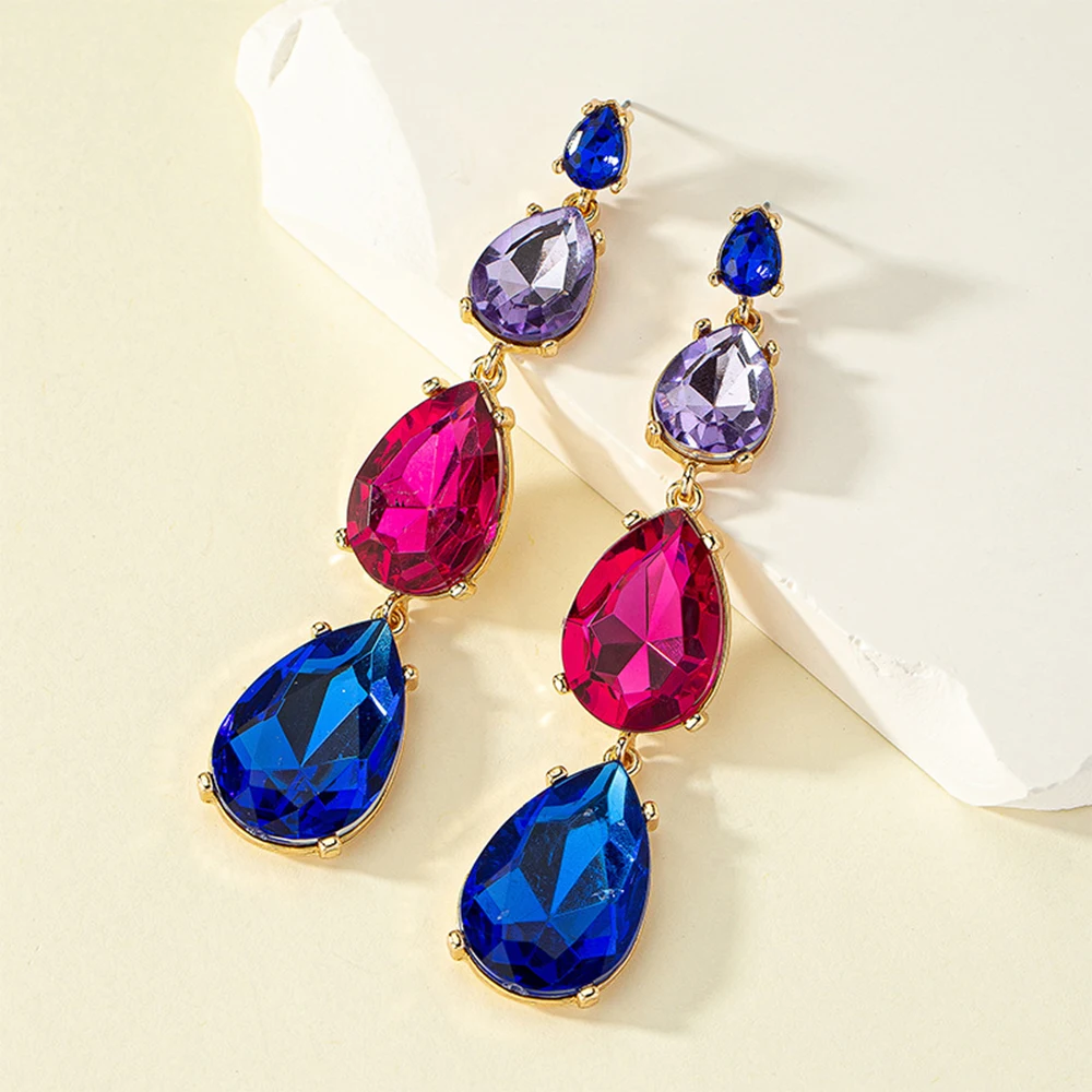 Luxury Water Drop Shiny Fuchsia Blue Crystal Dangle Earrings Women Party Jewelry