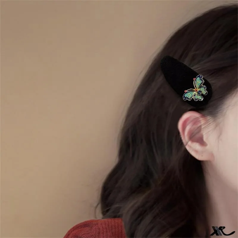 New Chinese enamel butterfly hairpin high-end black flocking BB clip national style headdress bangs clip temperament side clip