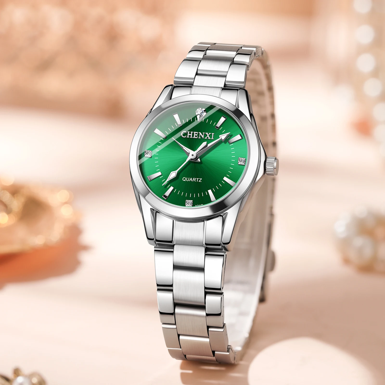 CHENXI 021B หรูหราแฟชั่นเหล็กควอตซ์นาฬิกาสําหรับสุภาพสตรีสร้อยข้อมือกันน้ําเพชรนาฬิกาสําหรับแฟน