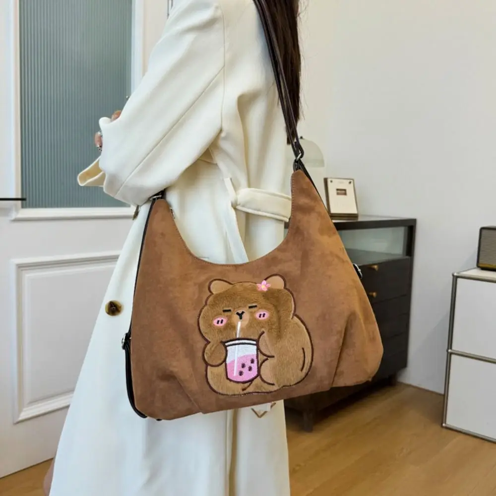 Sweet Embroider Capybara Crossbody Bag Dinosaur Milk Tea Chamois Kapibara Bag Cute Kawaii Chamois Leather Bag Outdoor