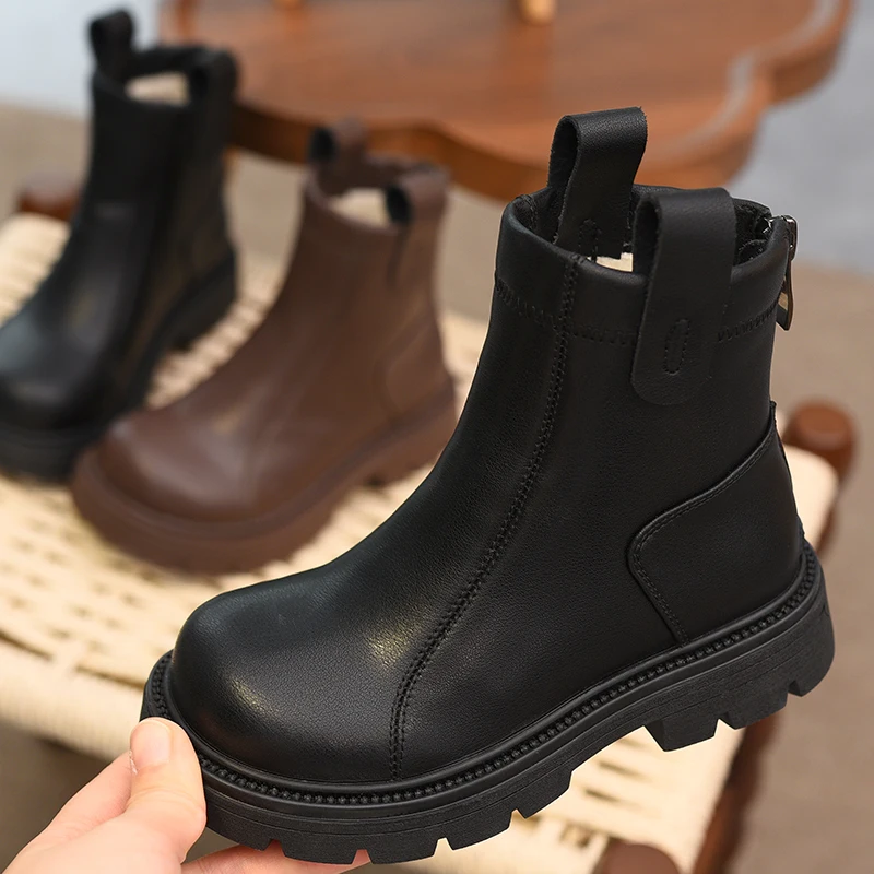 Girls' short boots, genuine leather, children's cotton boots, soft soled leather boots, children's shoes, 2025 autumn and winter